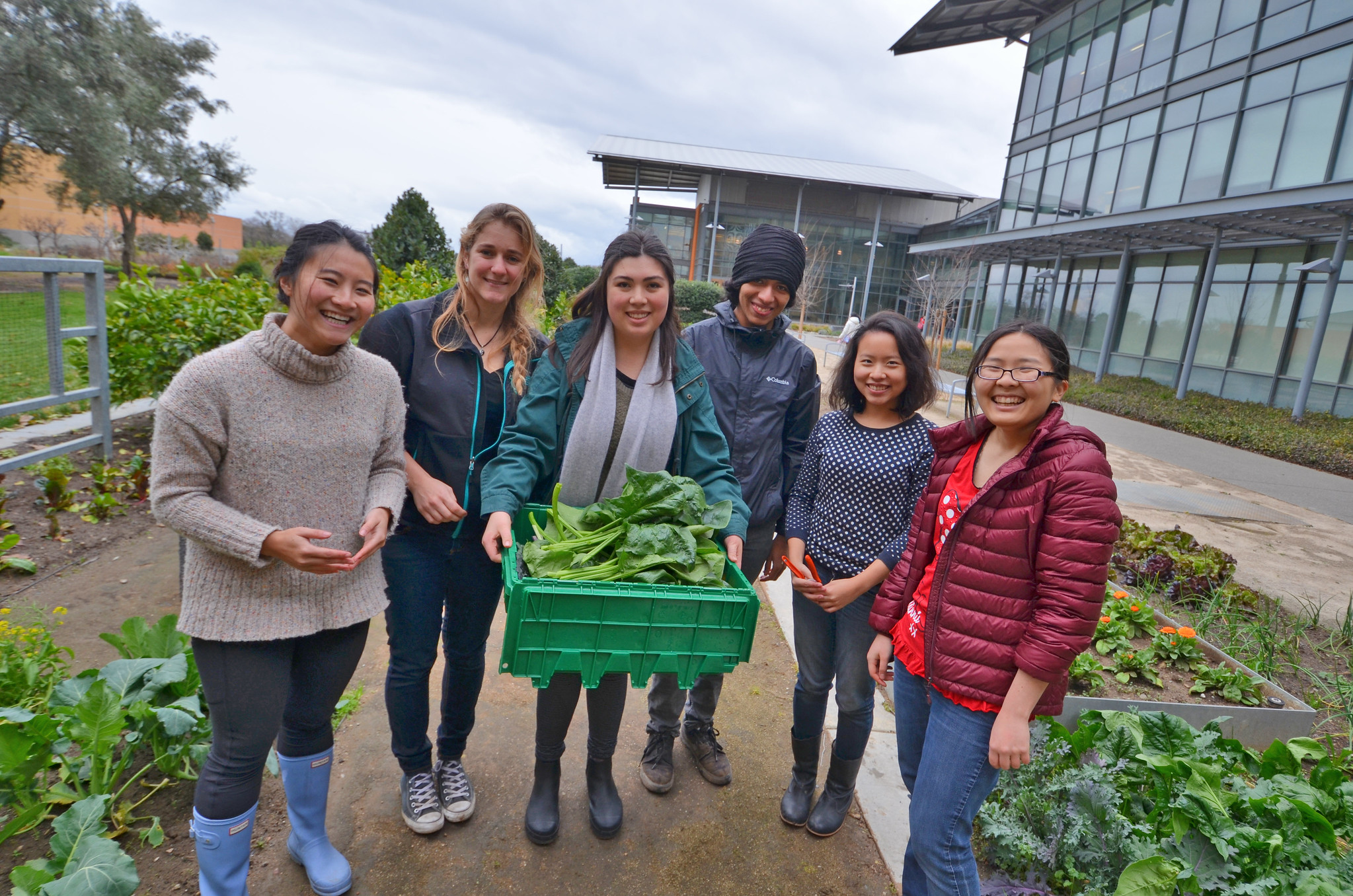 students posing between rows of plants